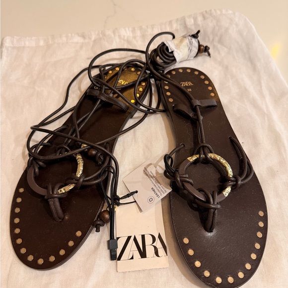 Zara Dark Brown Leather Sandals with Gold Accents - Picture 1 of 4